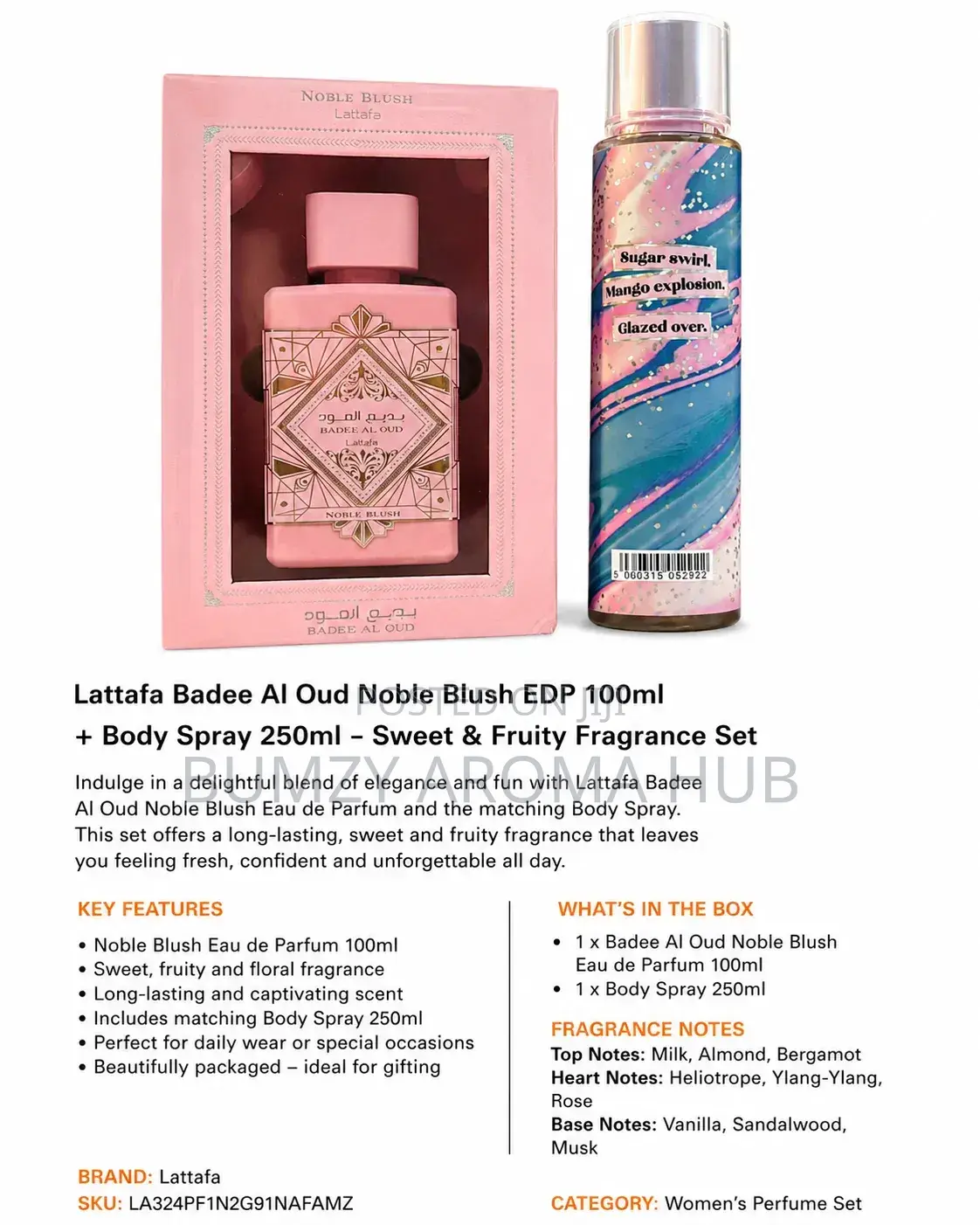 Lattafa Bade'e Al Oud Noble Blush + Candy Baby Body Mist Combo