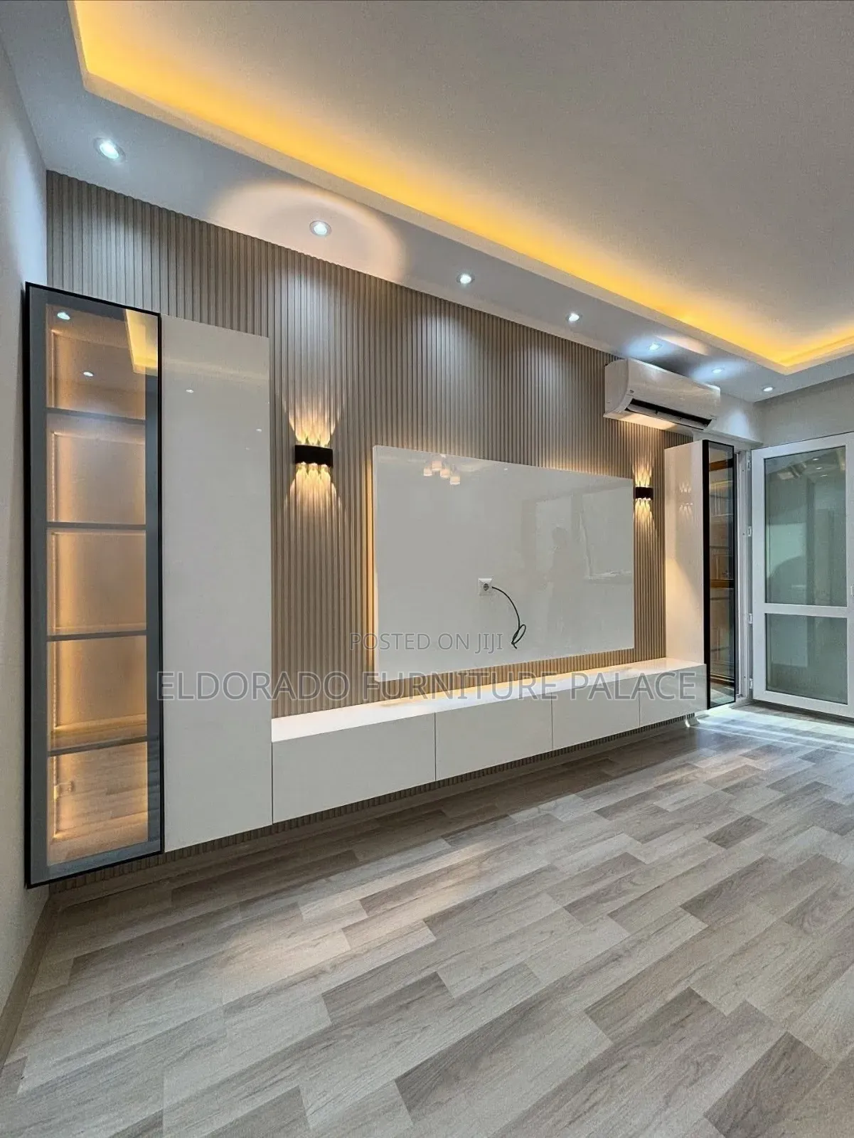 Full Height Television Console With Glass Door Side Cupboard