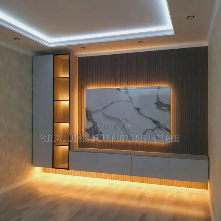 Luxury Fluted Wood TV Wall Unit With Marble Panel LEDs