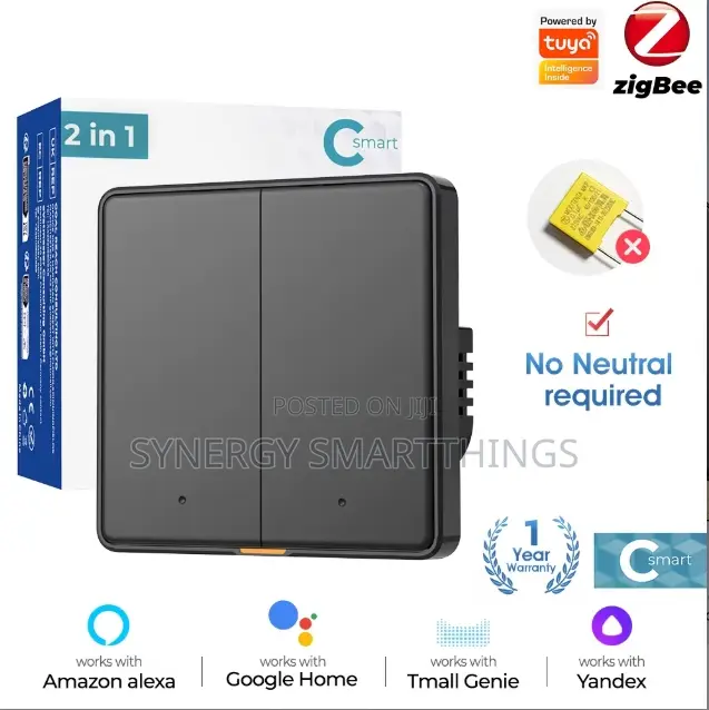 C-Smart Zigbee 2 Gang Button Switch Alexa/Google Voice Assistant Black