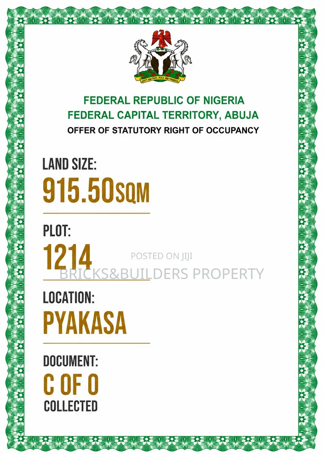 915.50 SQM Residential Plot for Sale in Pyakasa Abuja | C of O