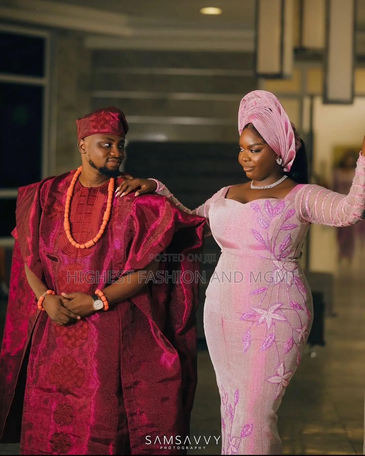 Dusty Rose Floral Gown Crimson Agbada Set