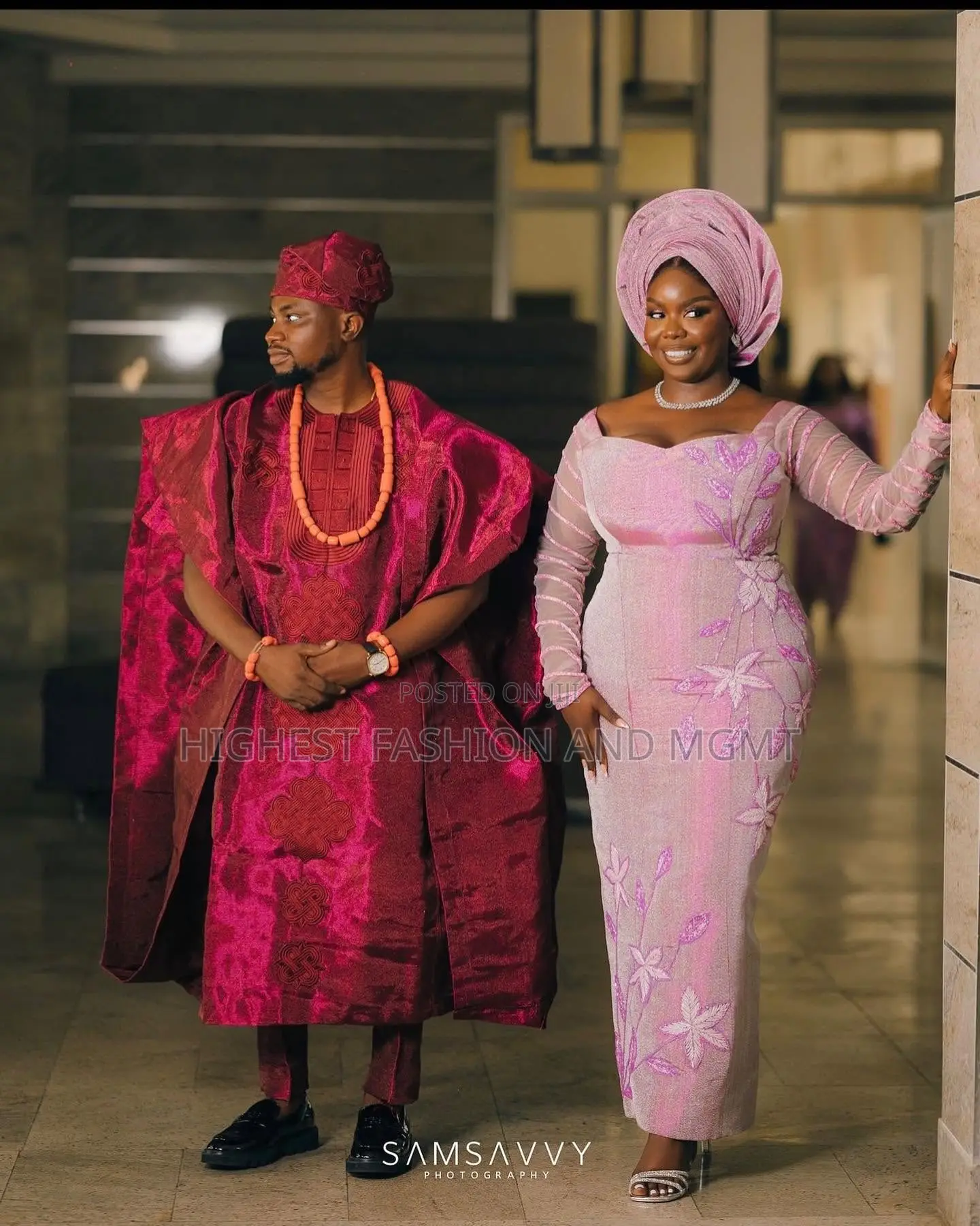 Dusty Rose Floral Gown Crimson Agbada Set