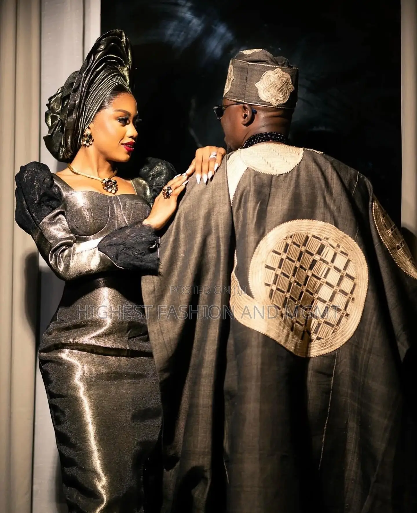 (Metallic Bronze Corset Gown Charcoal Agbada Set