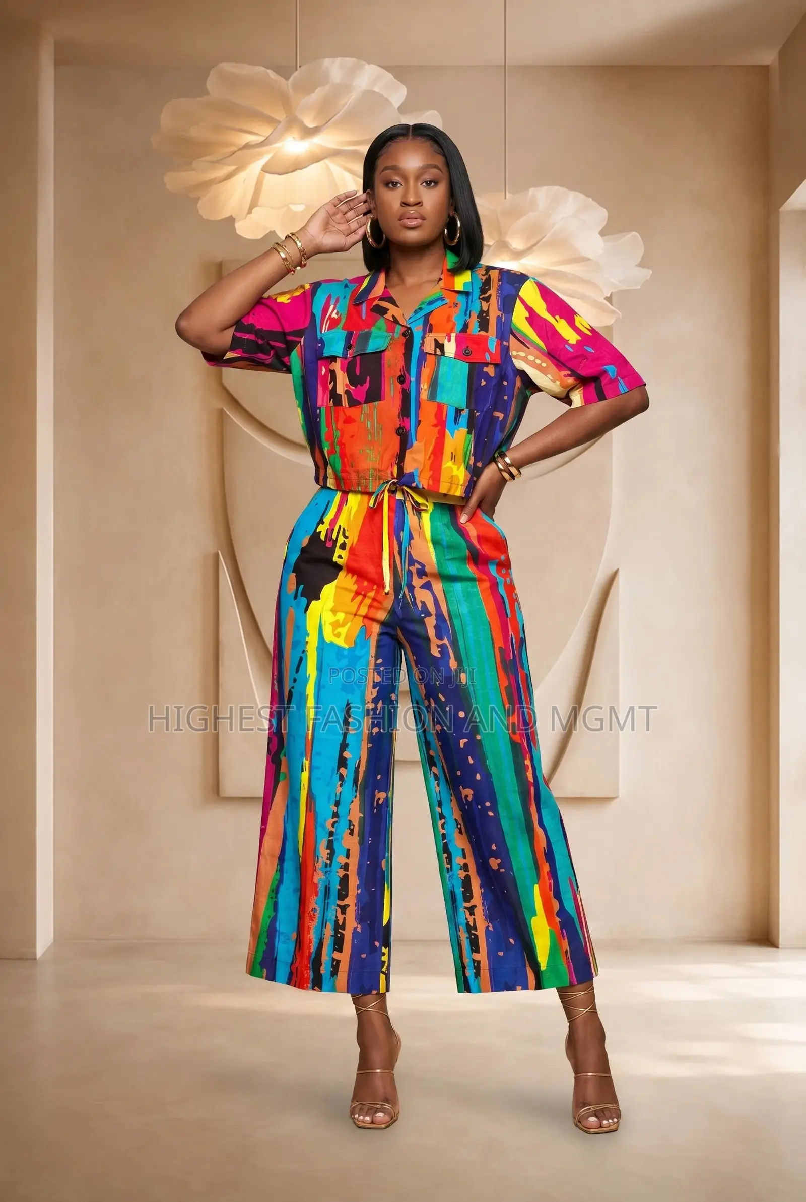 African Print Short Sleeve Crop Top and Trouser