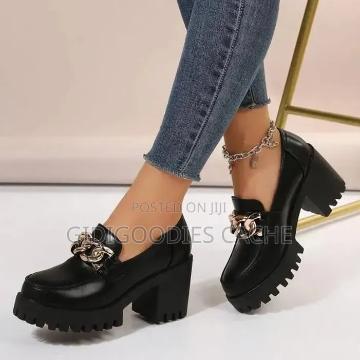 Women's Black Chunky Platform Loafers With Metal Buckle