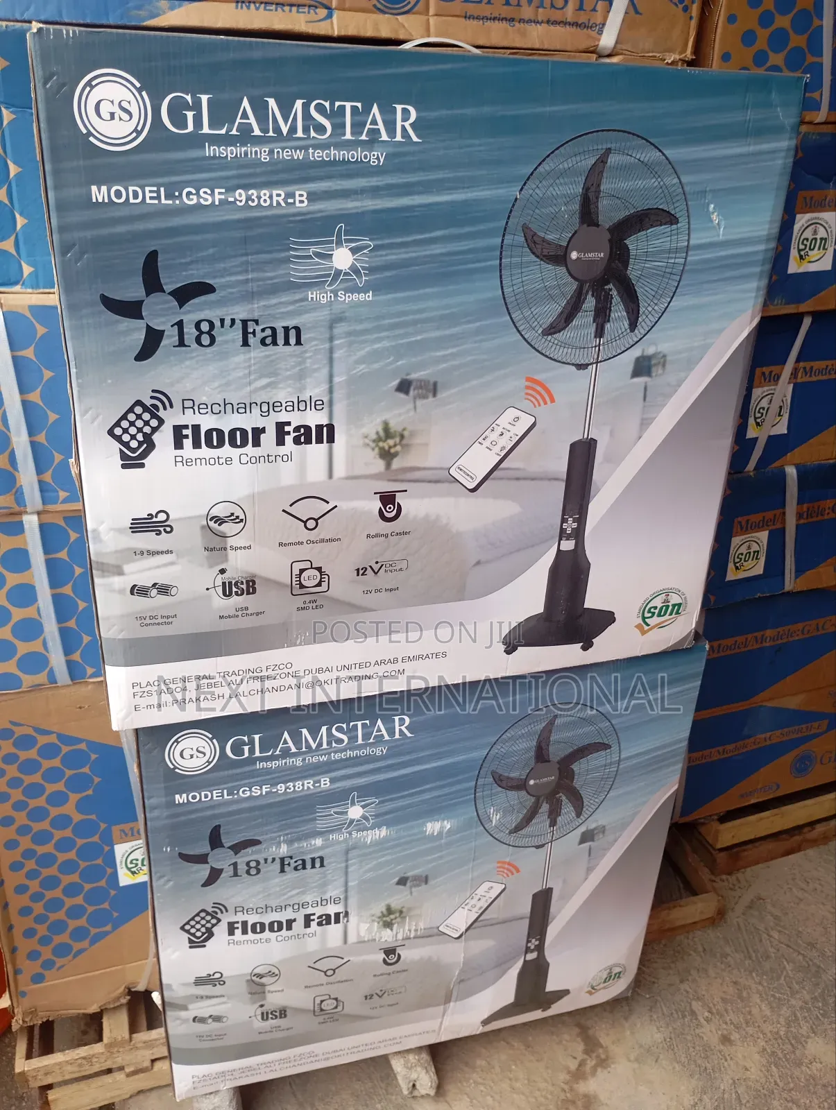 Glamstar Rechargeable Fan, 18 Inches With Led Lights, Lasting Battery