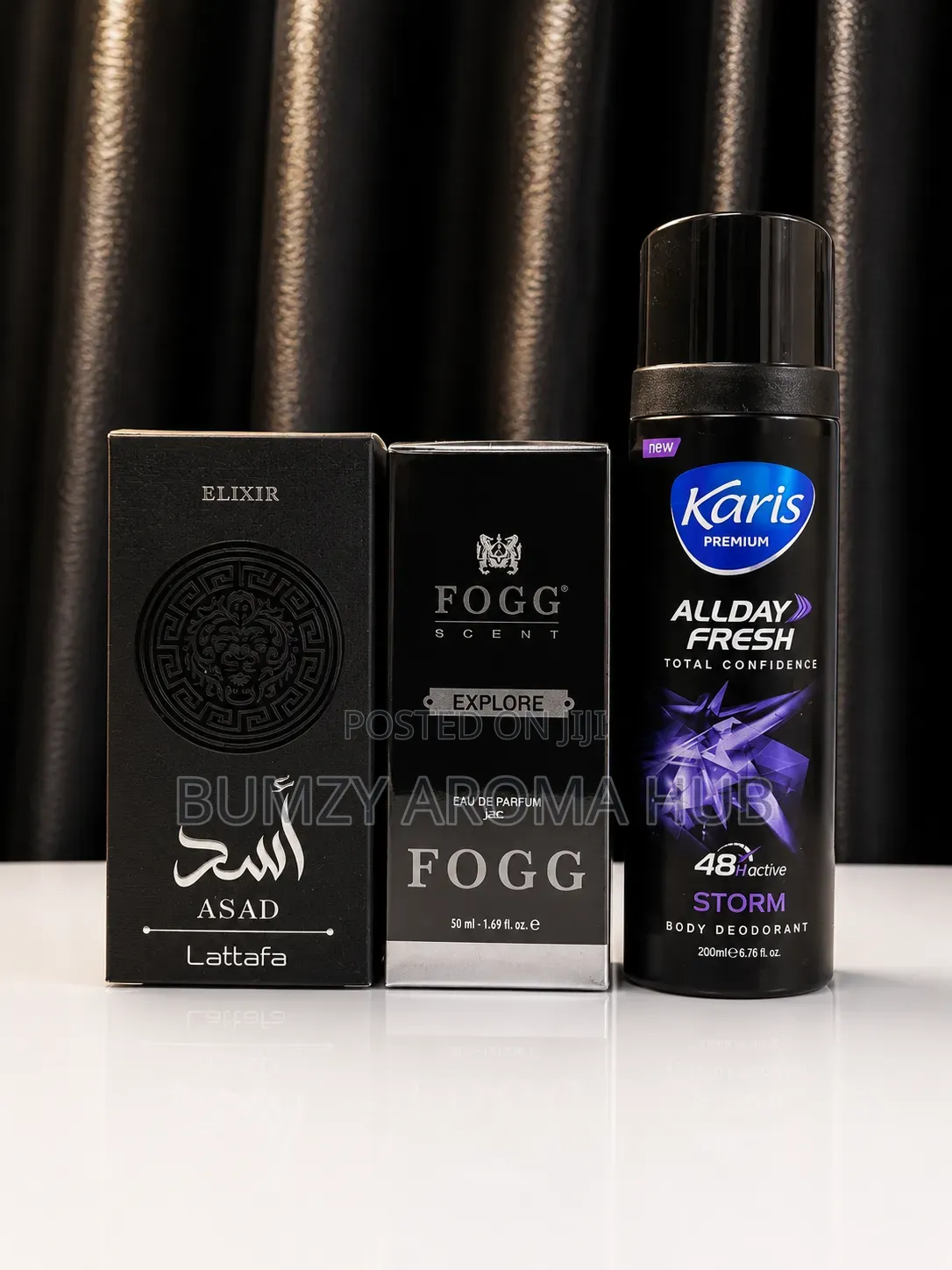 Lattafa Asad + Fogg Explore + Karis Storm Body Spray Combo