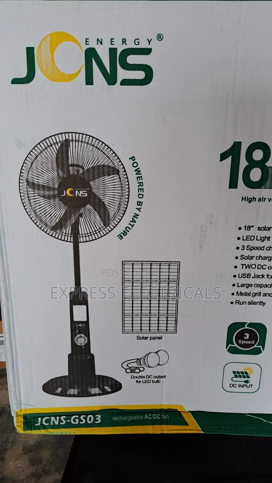JONS 18" Solar Rechargeable Standing Fan | AC/DC | USB | 2 LED Bulbs