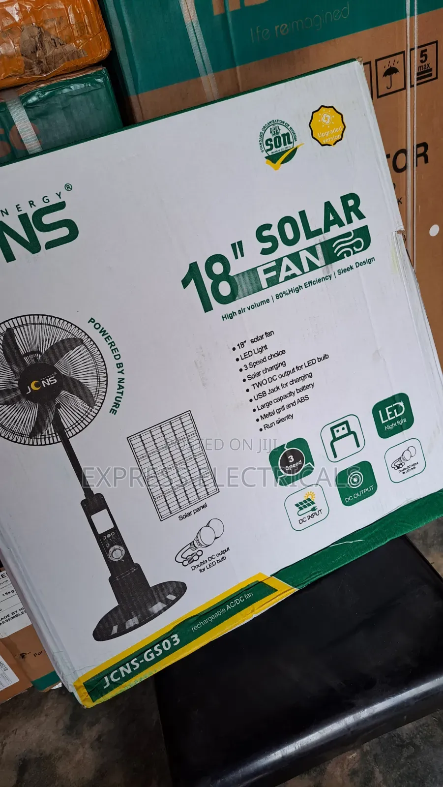 JONS 18" Solar Rechargeable Standing Fan | AC/DC | USB | 2 LED Bulbs