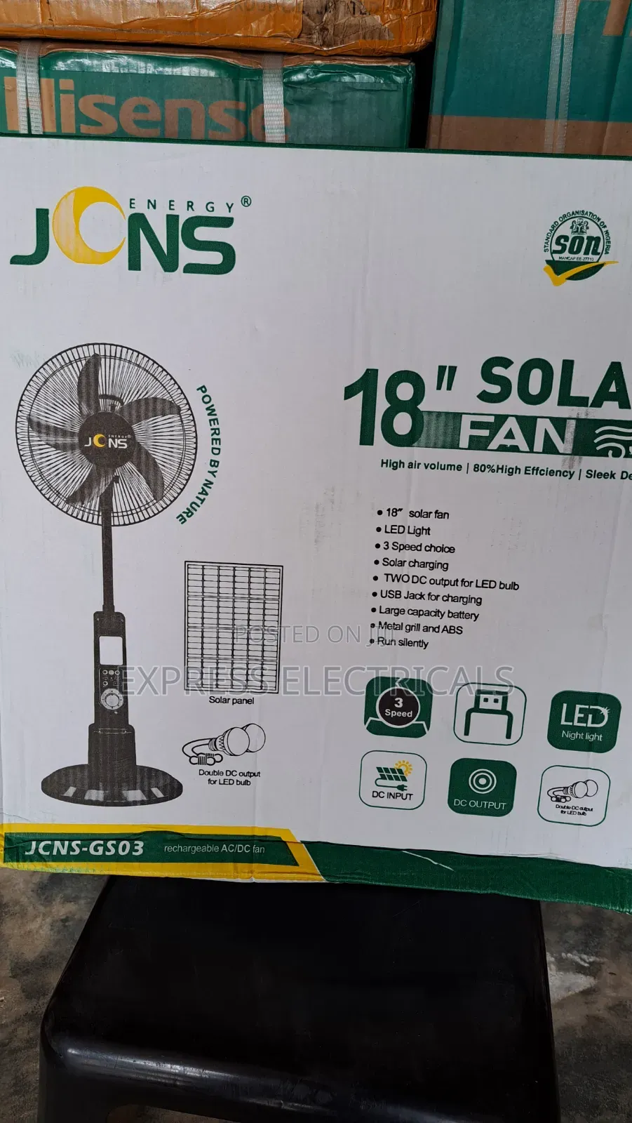 JONS 18" Solar Rechargeable Standing Fan | AC/DC | USB | 2 LED Bulbs