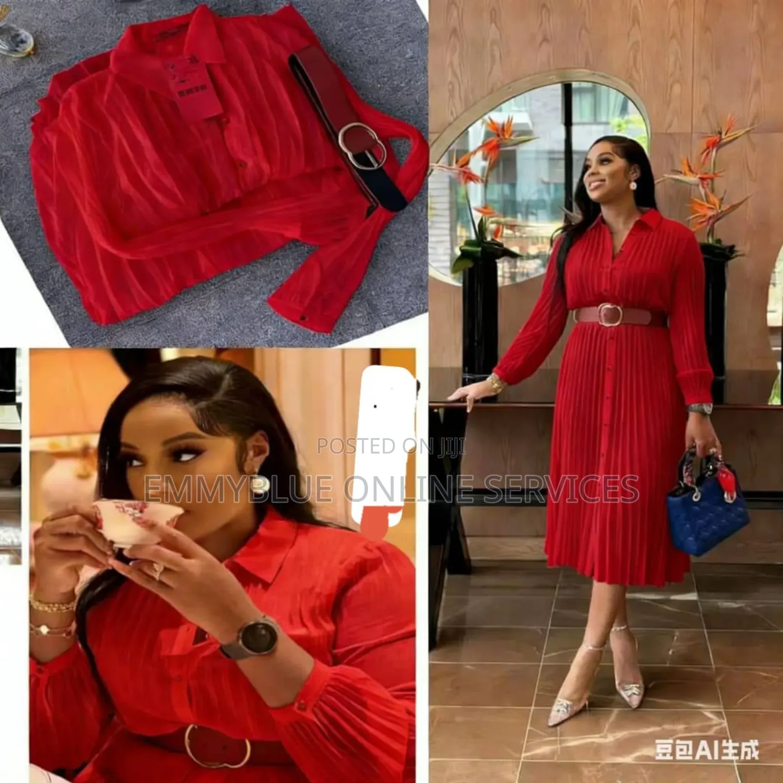 A Vibrant Red Pleated Midi Gown