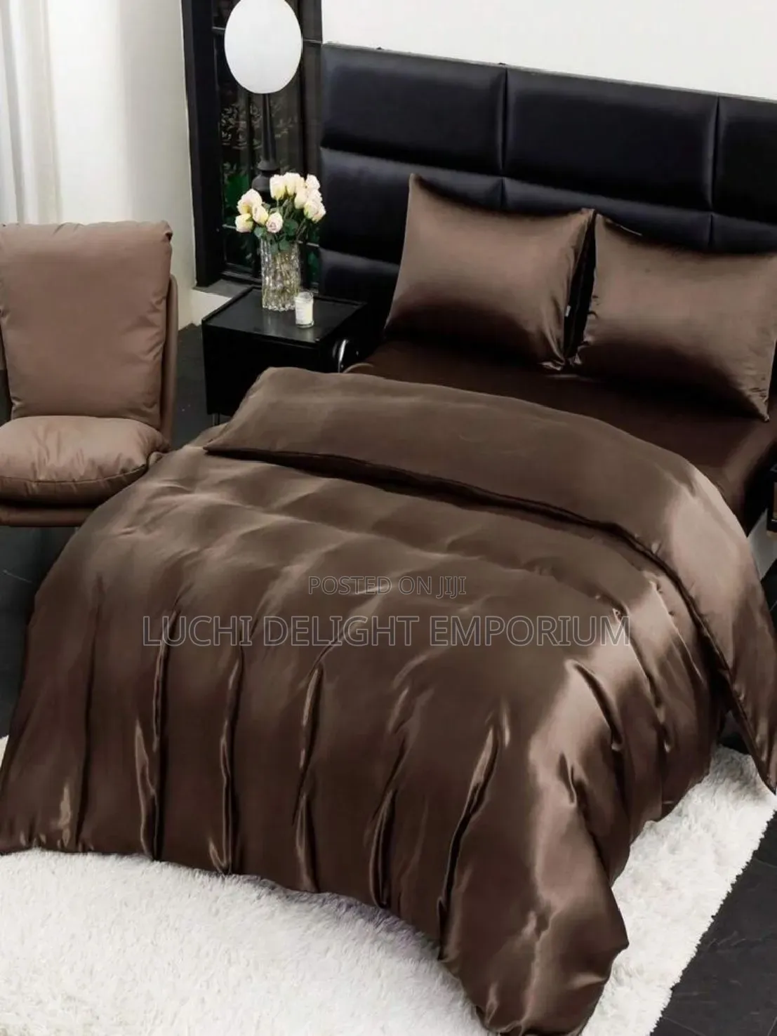 Luxury Brown Satin Silk Polish Duvet, Bedsheets 4 Pillowcase Set