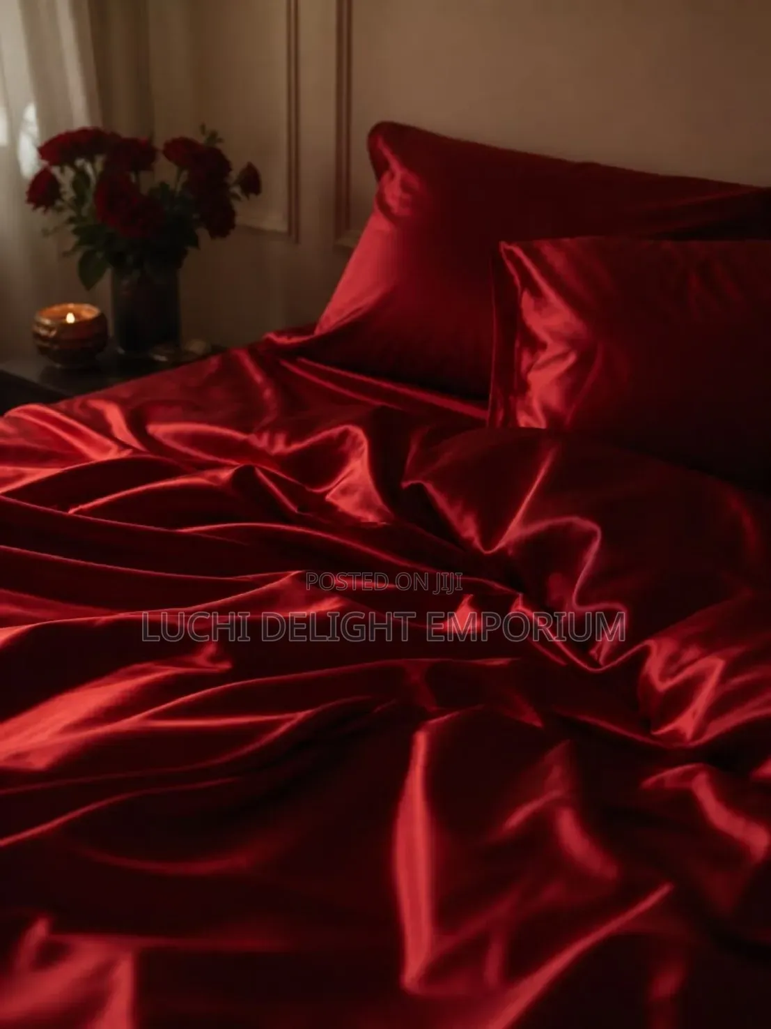  Luxury Red Satin Silk Polish Duvet, Bedsheets 4 Pillowcase Set 