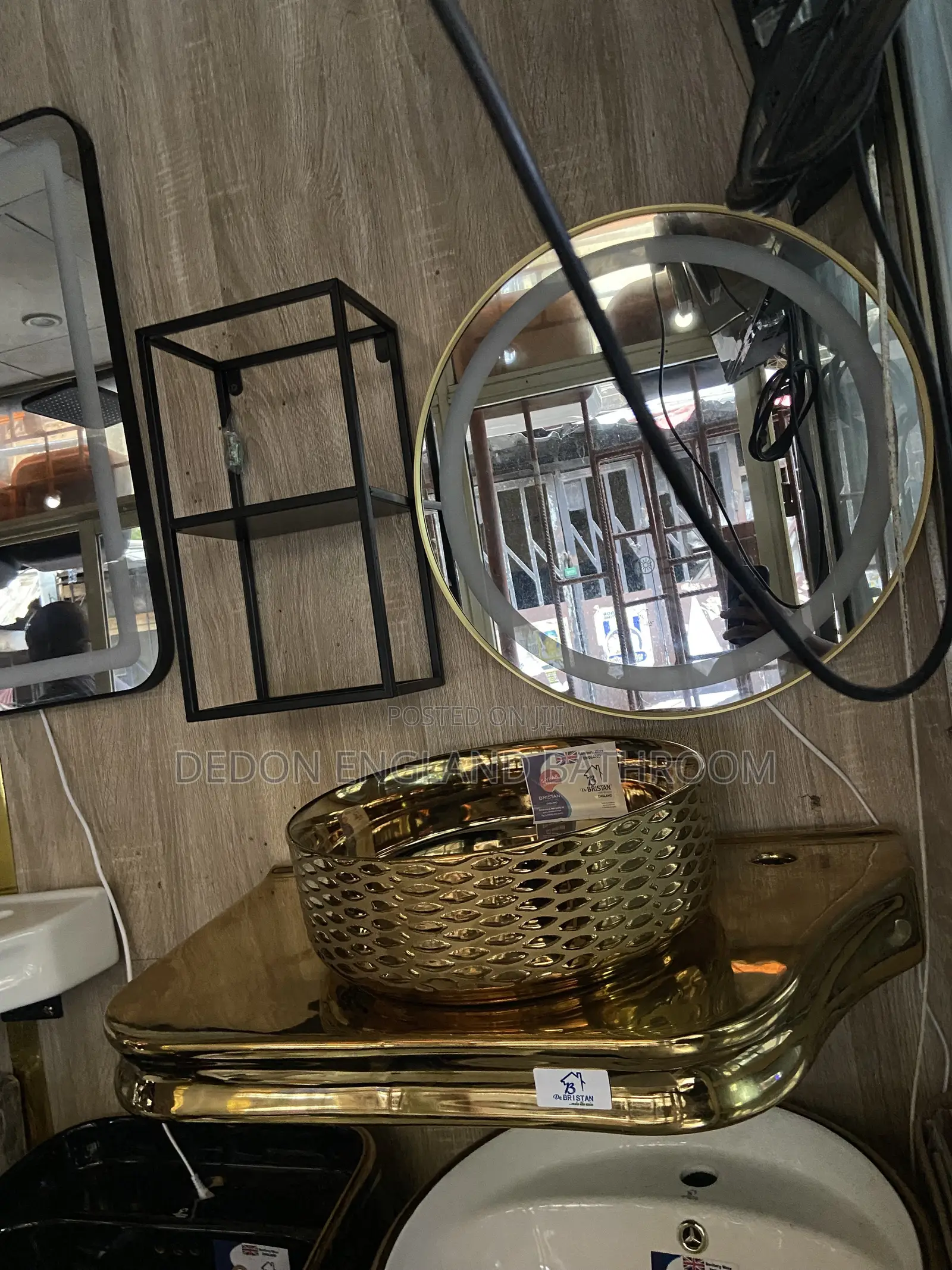 Gold Hanging Basin With LED Mirror and Shelf