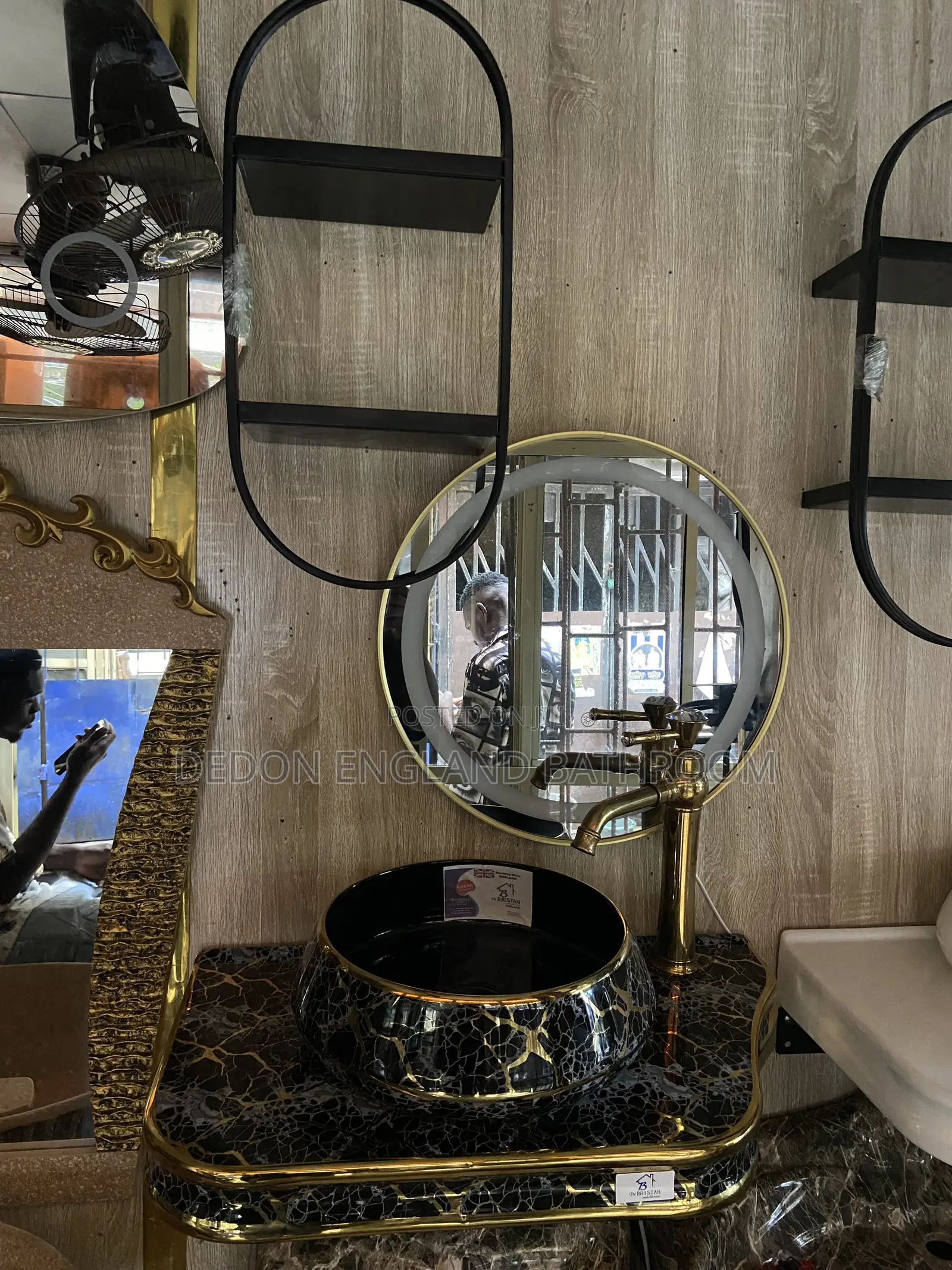 Black and Gold Marble Wall Hung Basin With LED Mirror and Shelf