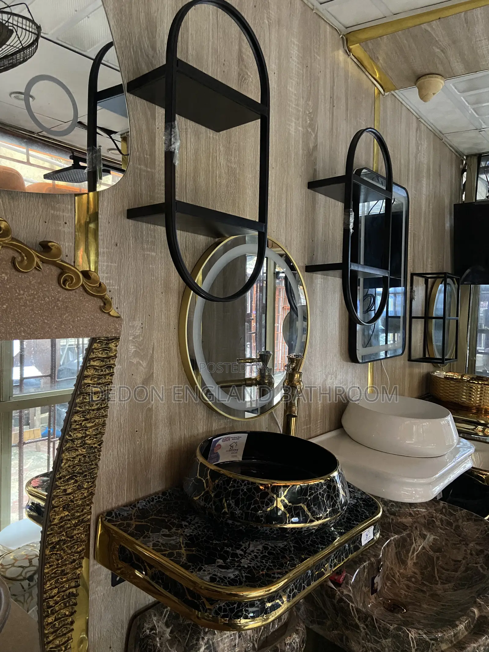 Black and Gold Marble Wall Hung Basin With LED Mirror and Shelf