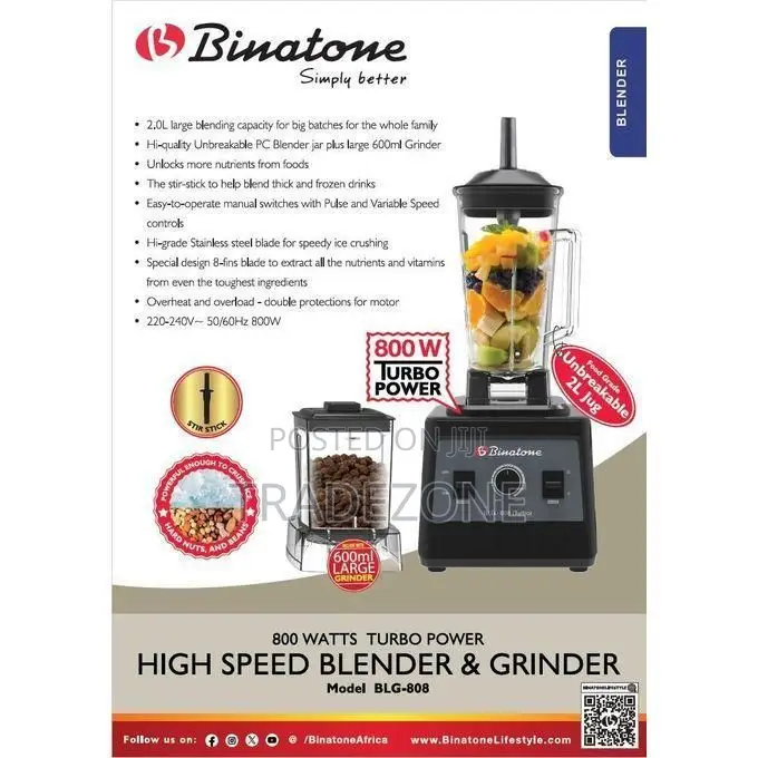 Binatone BLG-808 High-Speed Blender Grinder -800w