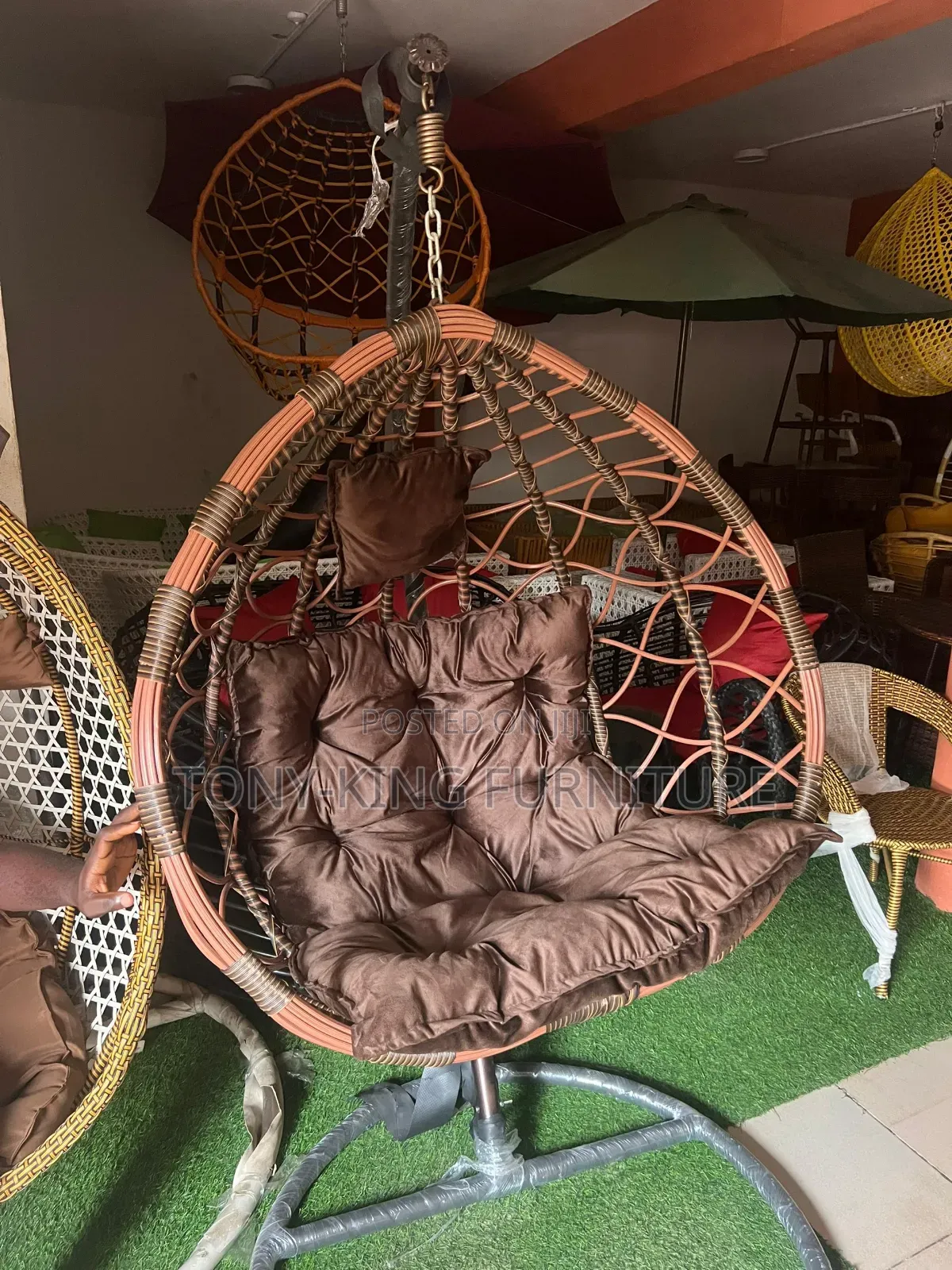 Single Seater Wicker Hanging Iron Metal Outdoor Swing Stand .