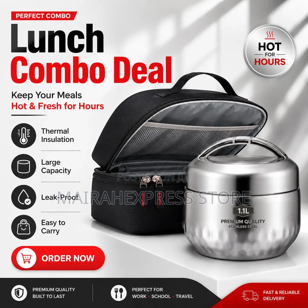1000ml RoundStainless Food Flask With Bag Combo