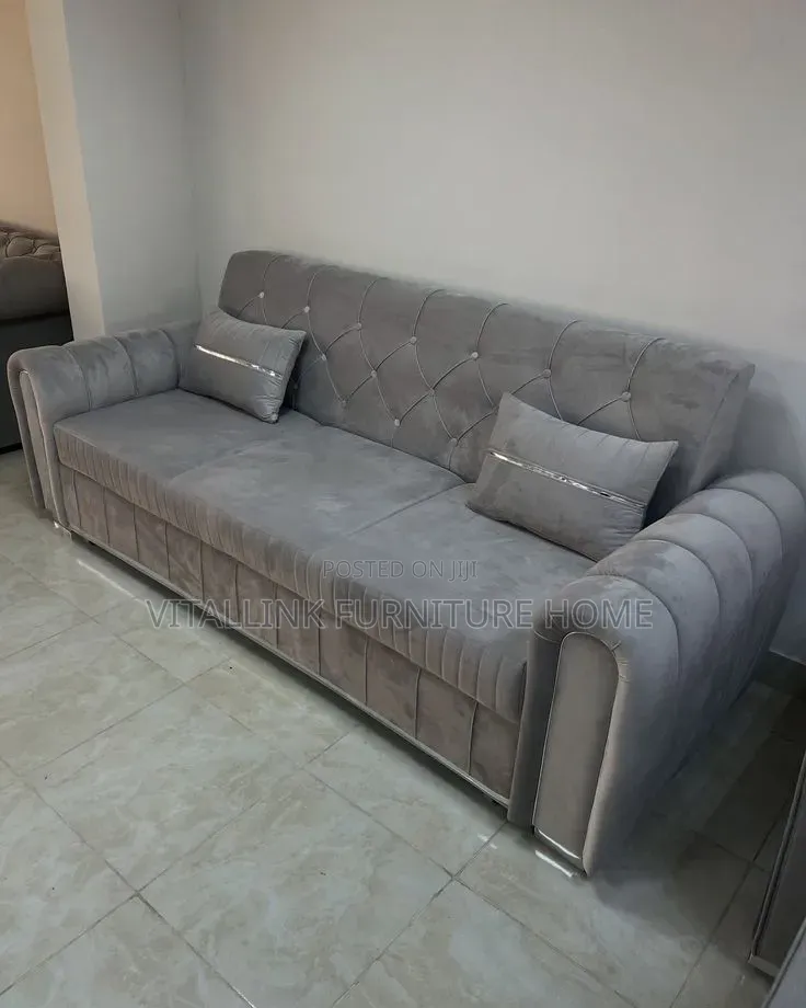 Luxury Grey Velvet Diamond Tufted Sofa With Silver Trim