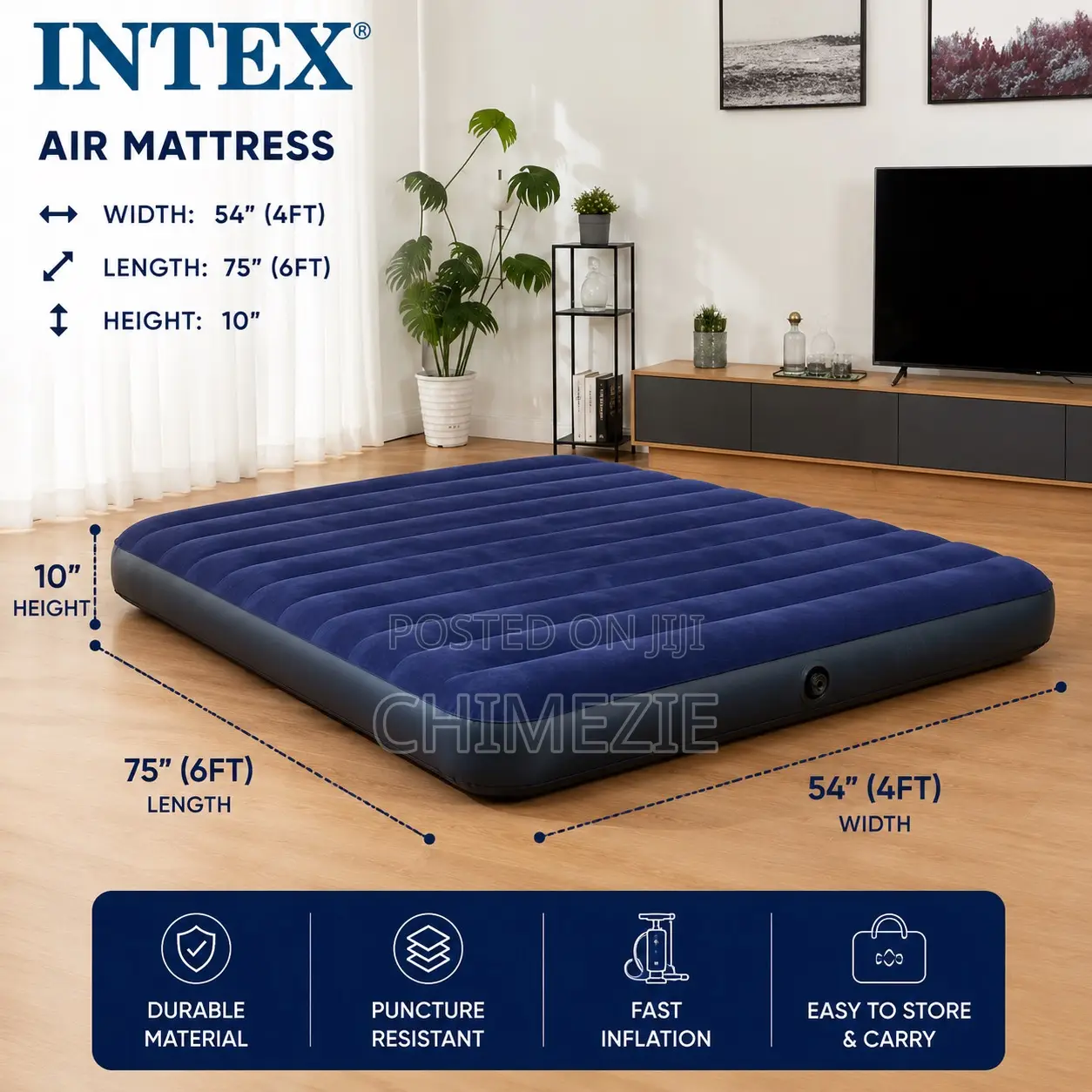 Intex Inflatable Mattress 54” × 75” × 10” (4.5ft × 6.25ft × 10”)