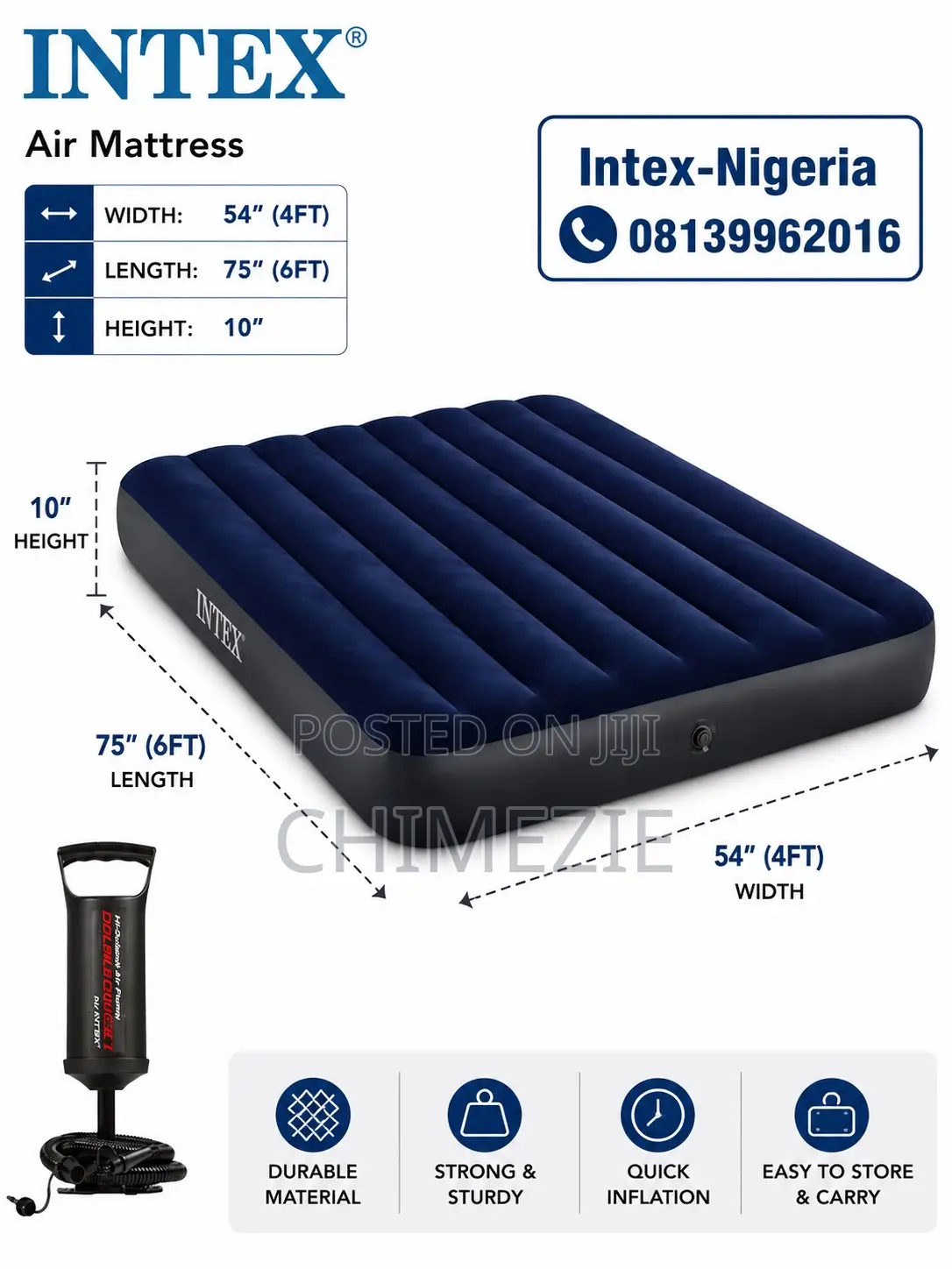 Intex Inflatable Mattress 54” × 75” × 10” (4.5ft × 6.25ft × 10”)