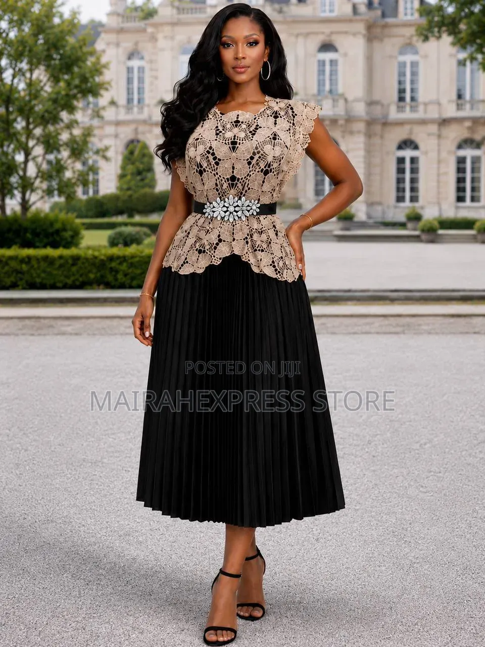Luxe Miyaki 2pcs Gown Cord Lace Top Set With Free Stoned Waist Belt