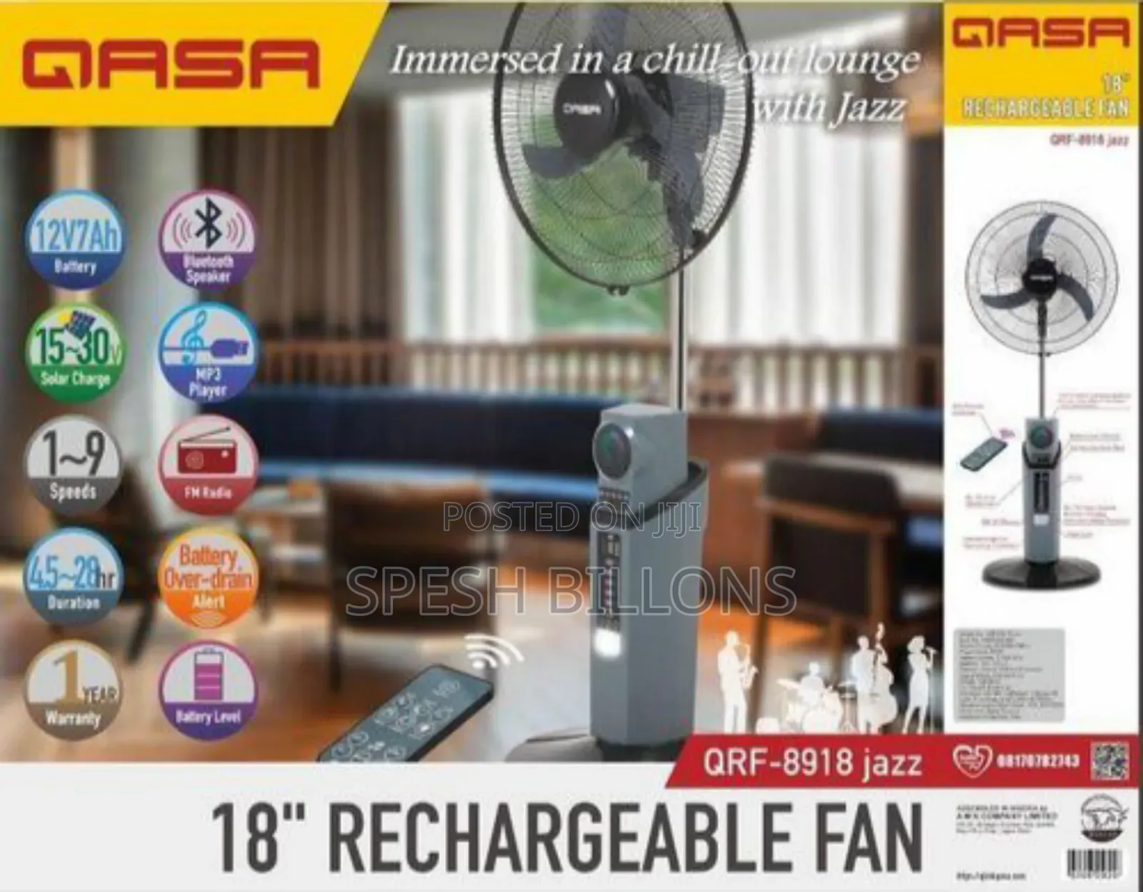 18" Rechargeable Inverter Fan With Bluetooth Speaker, Remote FM Rado