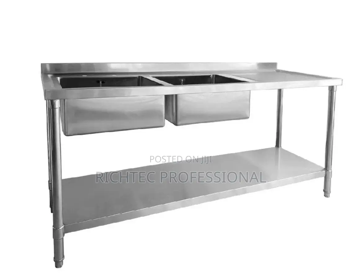Commercial Double Bowl Stainless Steel Sink With Side Drainboard