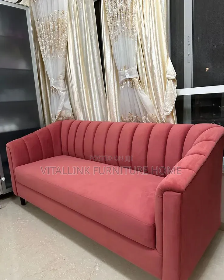 Modern Pink Velvet Sofa With Channel Tufting Bench Seat