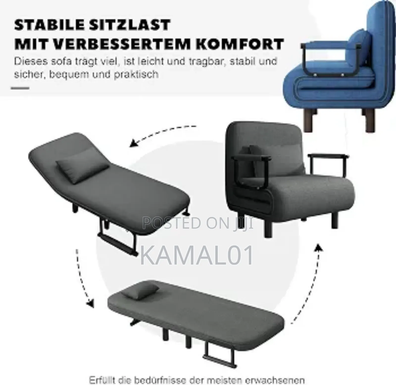 3 in 1 Convertible Sofa Bed Blue Folding,Double Sofa Bed