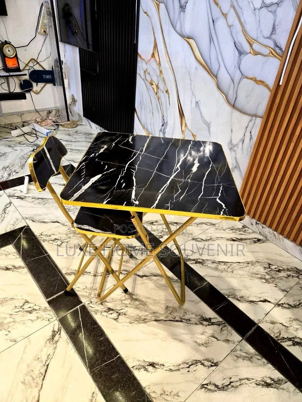 Black Marble Table and Chair