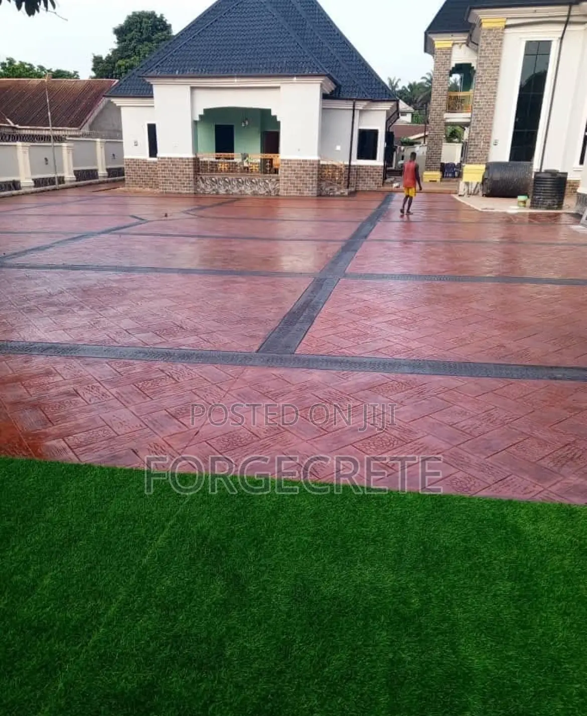 Colored Concrete Floor and Artificial Grass Installation