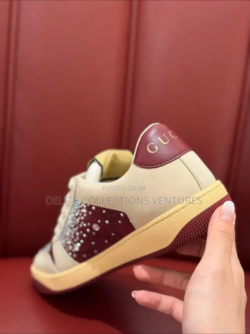 Gucci Crystal-Embellished Leather Low-Top Sneaker – Beige Burgundy