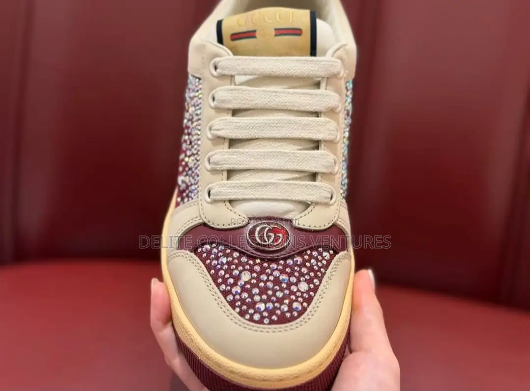 Gucci Crystal-Embellished Leather Low-Top Sneaker – Beige Burgundy