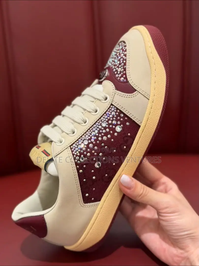 Gucci Crystal-Embellished Leather Low-Top Sneaker – Beige Burgundy