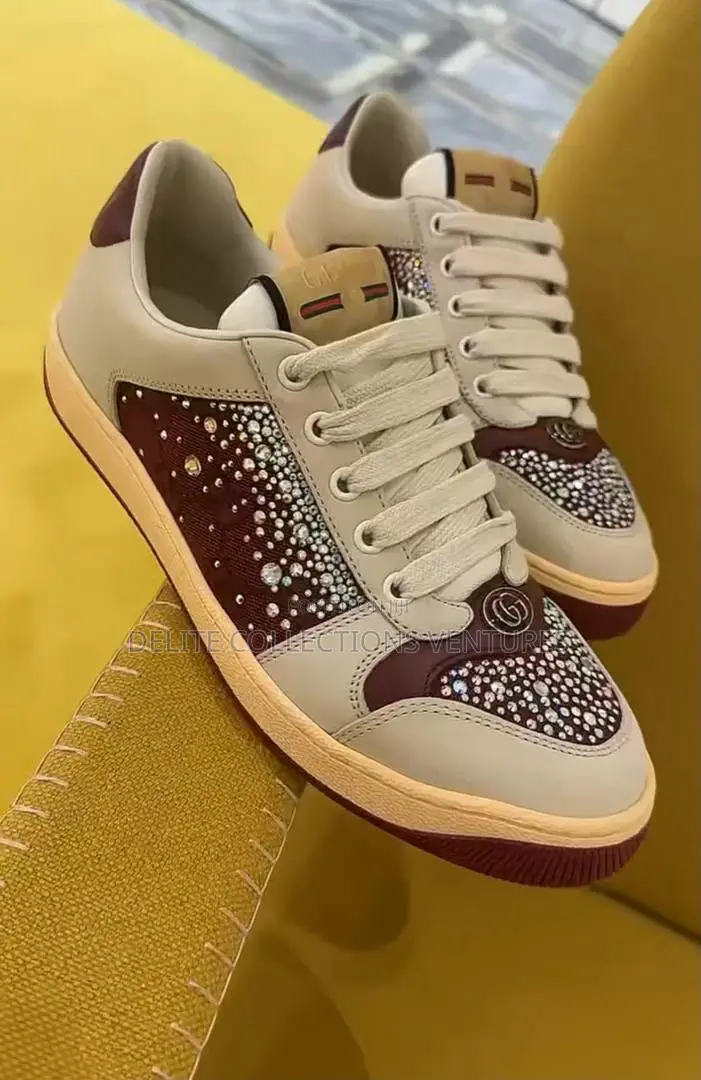 Gucci Crystal-Embellished Leather Low-Top Sneaker – Beige Burgundy