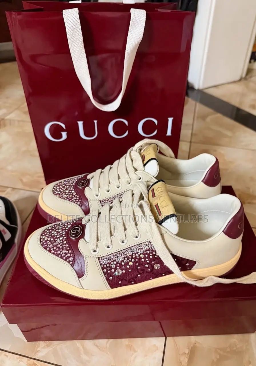 Gucci Crystal-Embellished Leather Low-Top Sneaker – Beige Burgundy