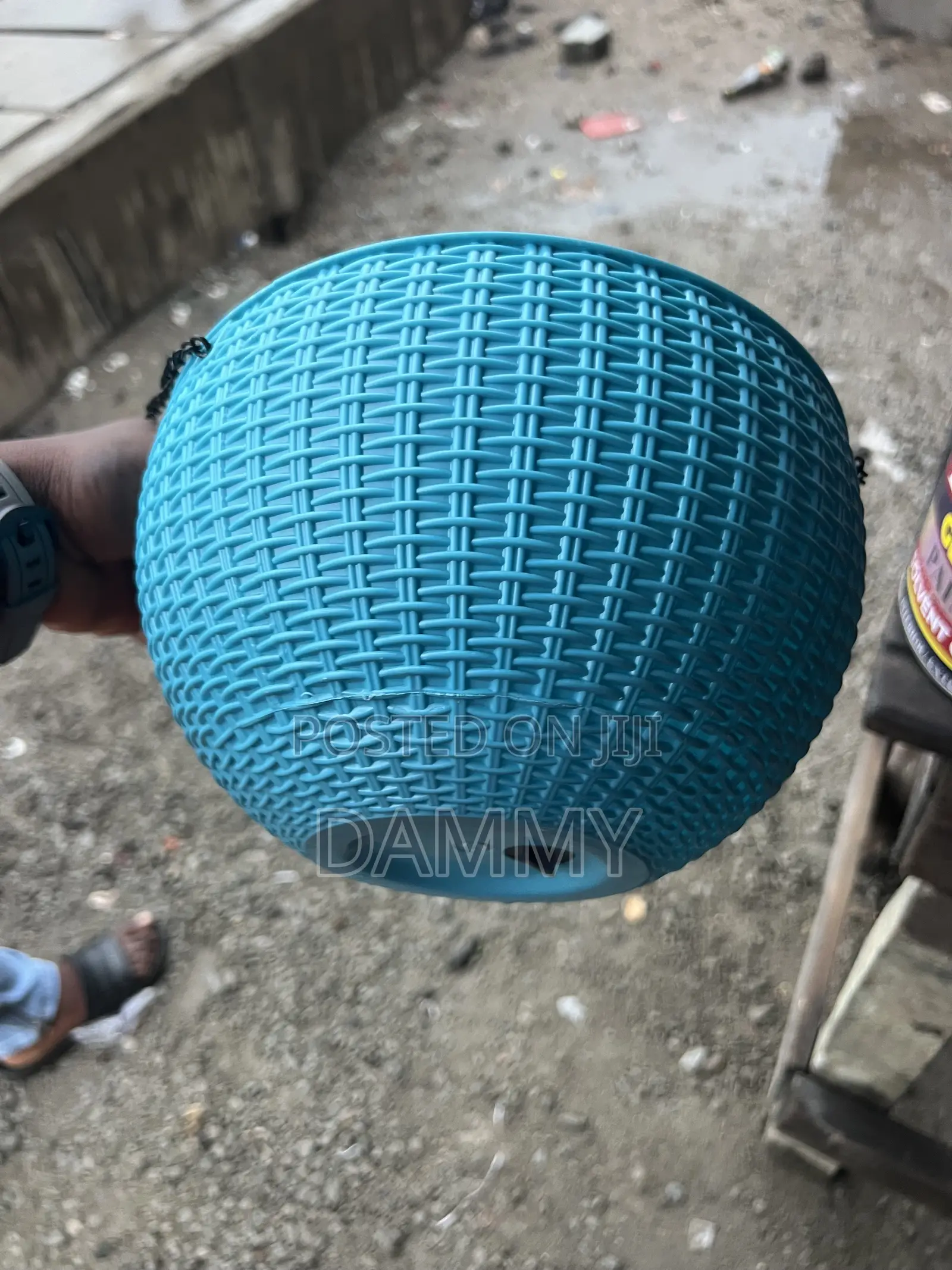 Blue Faux-Rattan Plastic Hanging Planter