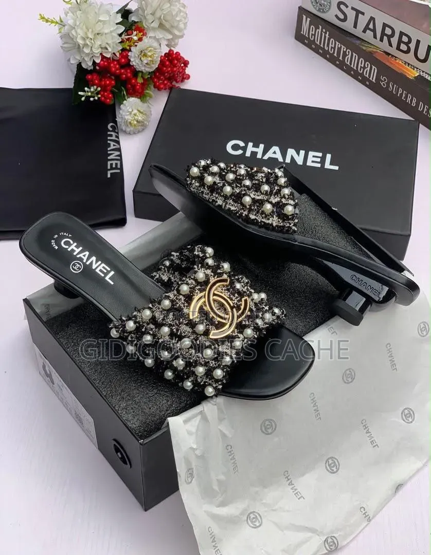 CHANEL Pearl Tweed Women's Low Heel Slide Slippers Size 37-41