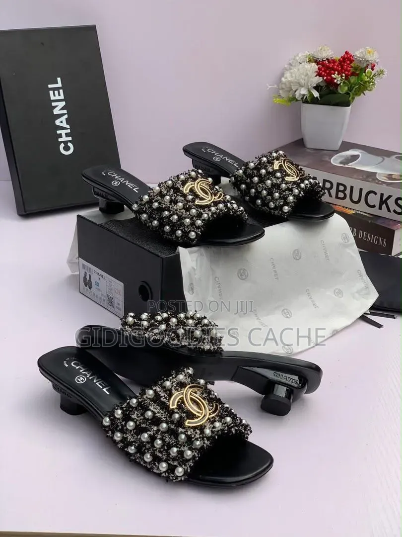CHANEL Pearl Tweed Women's Low Heel Slide Slippers Size 37-41