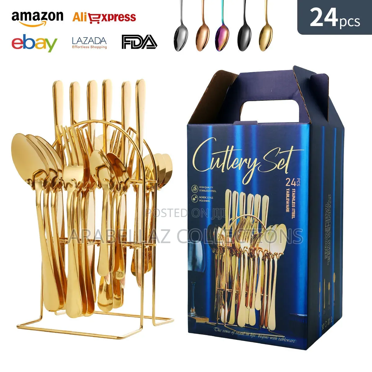 Stainless Steel Cutlery Rack 24-Piece Gold Cutlery Set
