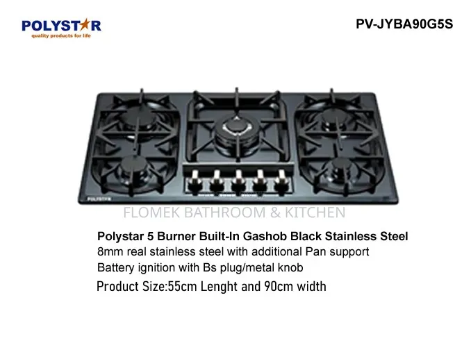 Polystar 90cm 5 Burner Built-in Gas Hob | Black Stainless Steel