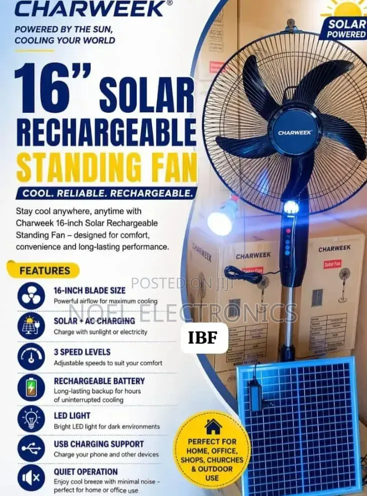 Charweek 16" Solar Rechargeable Standing Fan