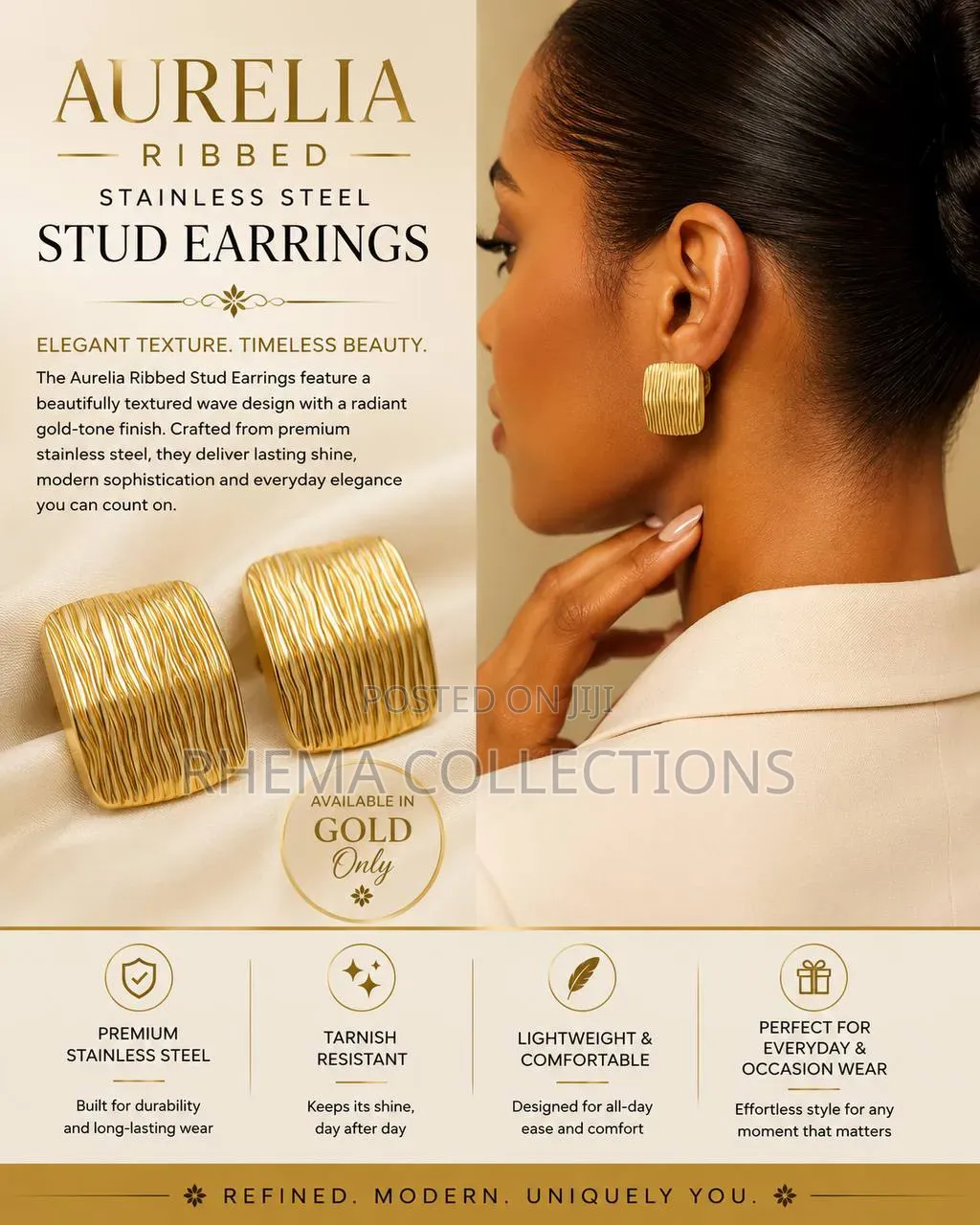 Aurelia Ribbed Stainless Steel Stud Earrings
