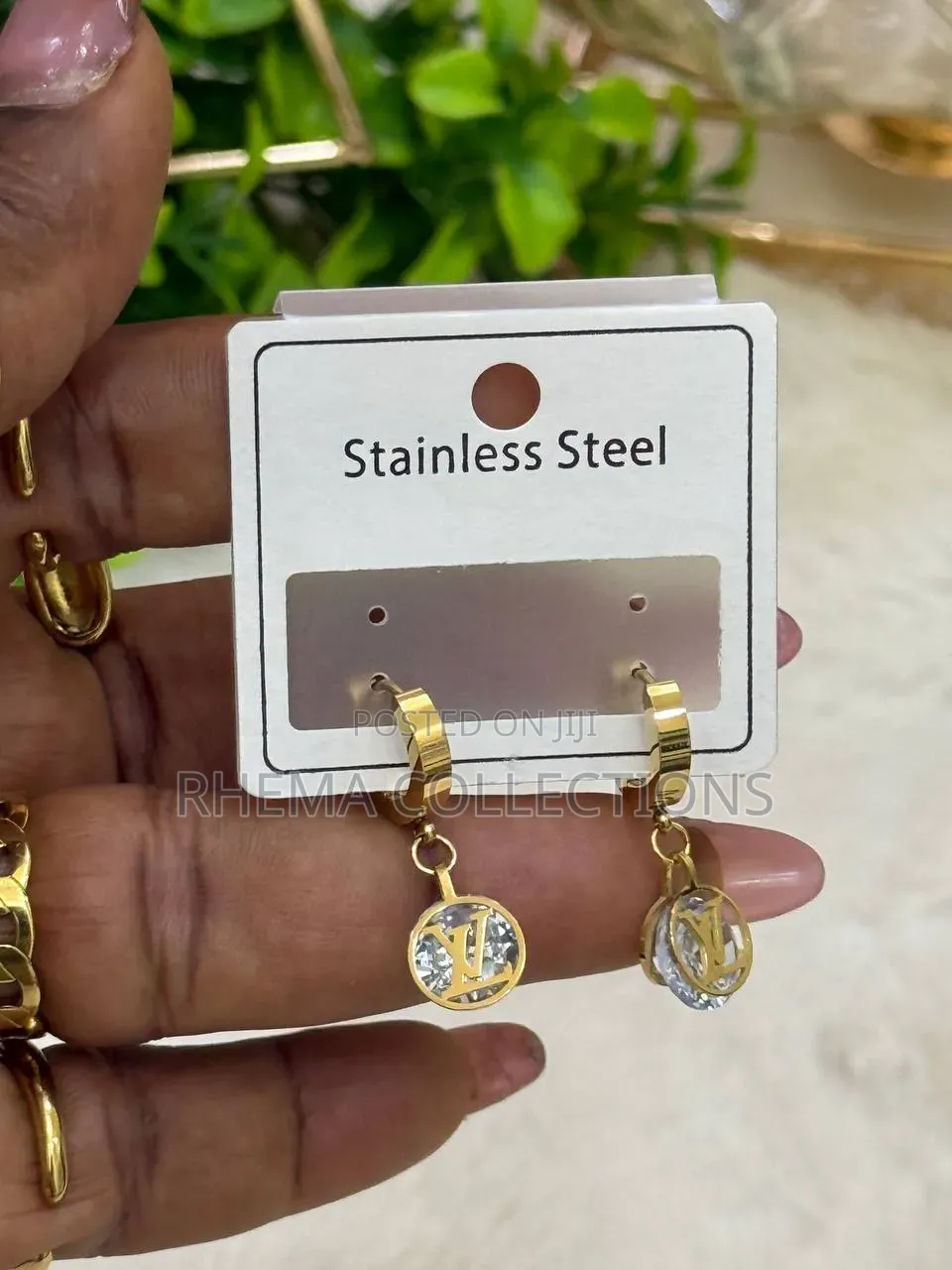 Lv Inspired Monogram Crystal Charm Stainless Steel Hoop Earrings