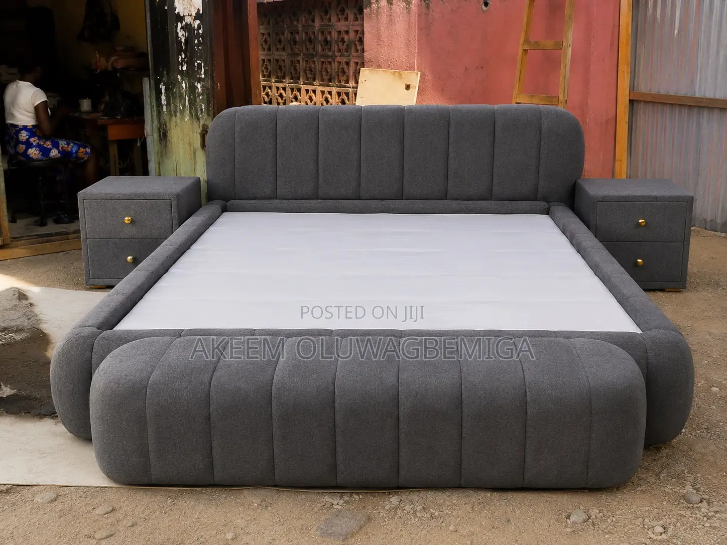 Fully Padded 6by6 Bedframe With Two Bedside Lockers and Ottoman