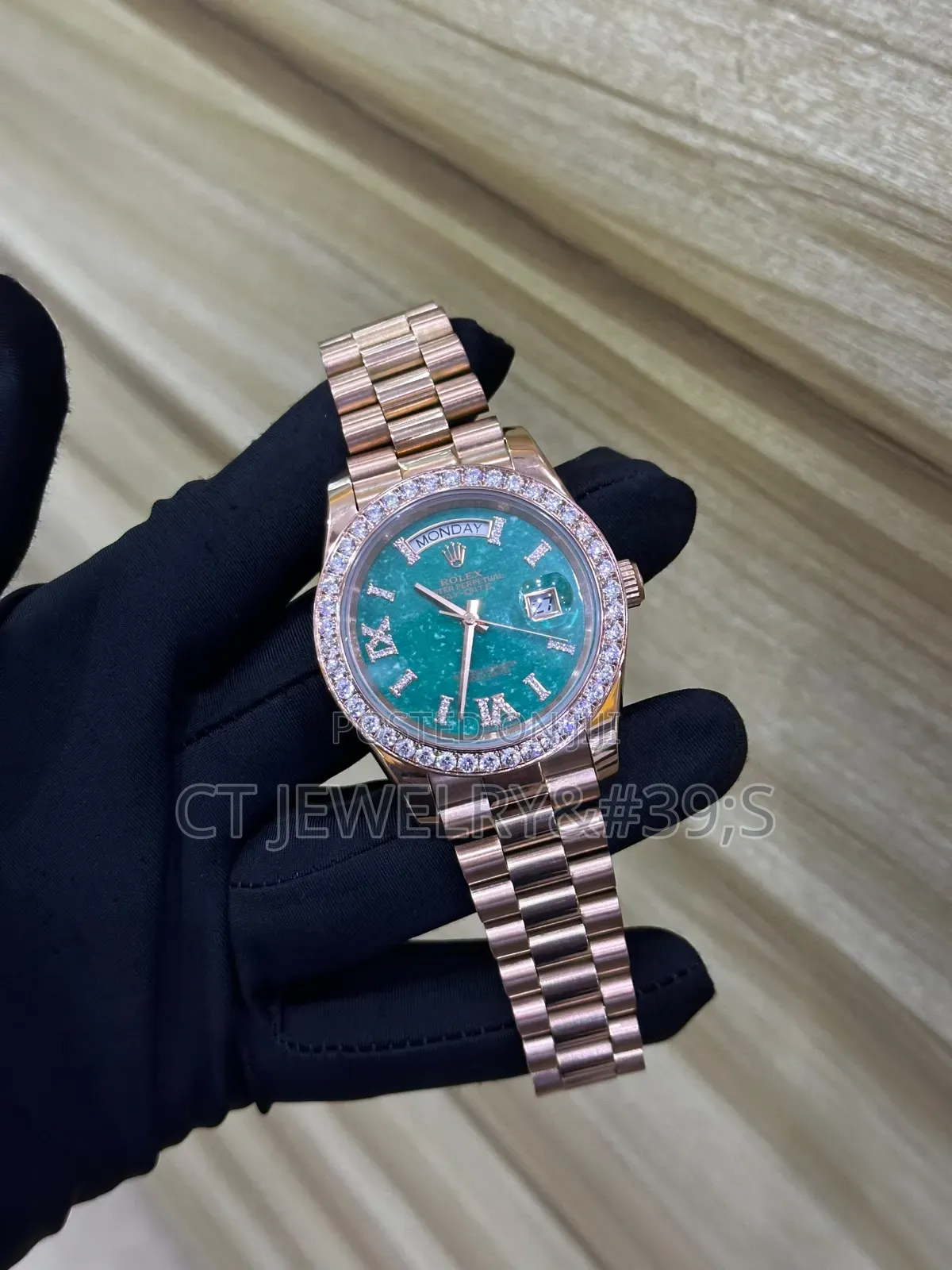 Rolex Day-Date Rose Gold Green Aventurine Diamond Dial Iced Set Bezel