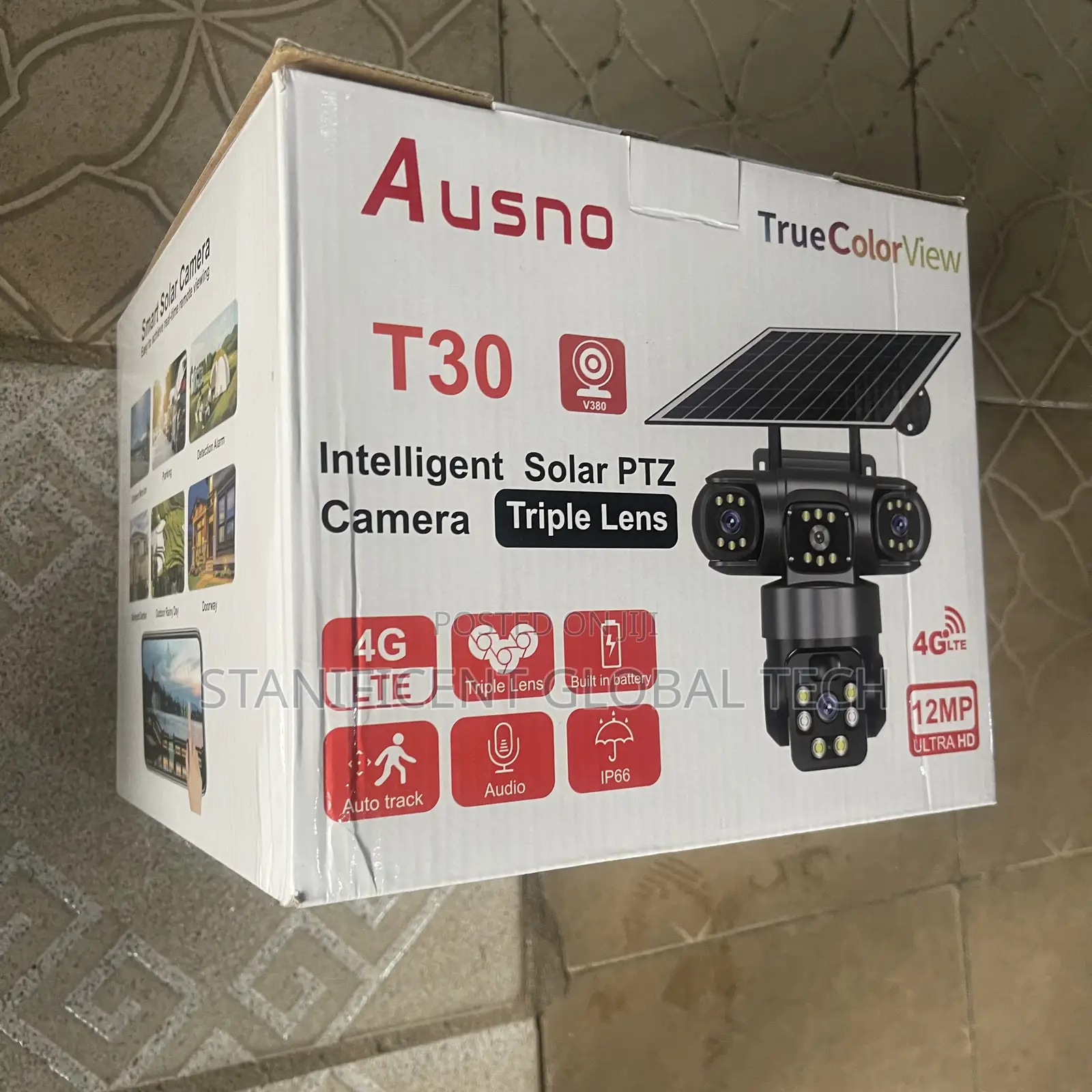 Ausno 12mp 4g T30 True Triple Lens Solar PTZ Big Outdoor Camera (V380)
